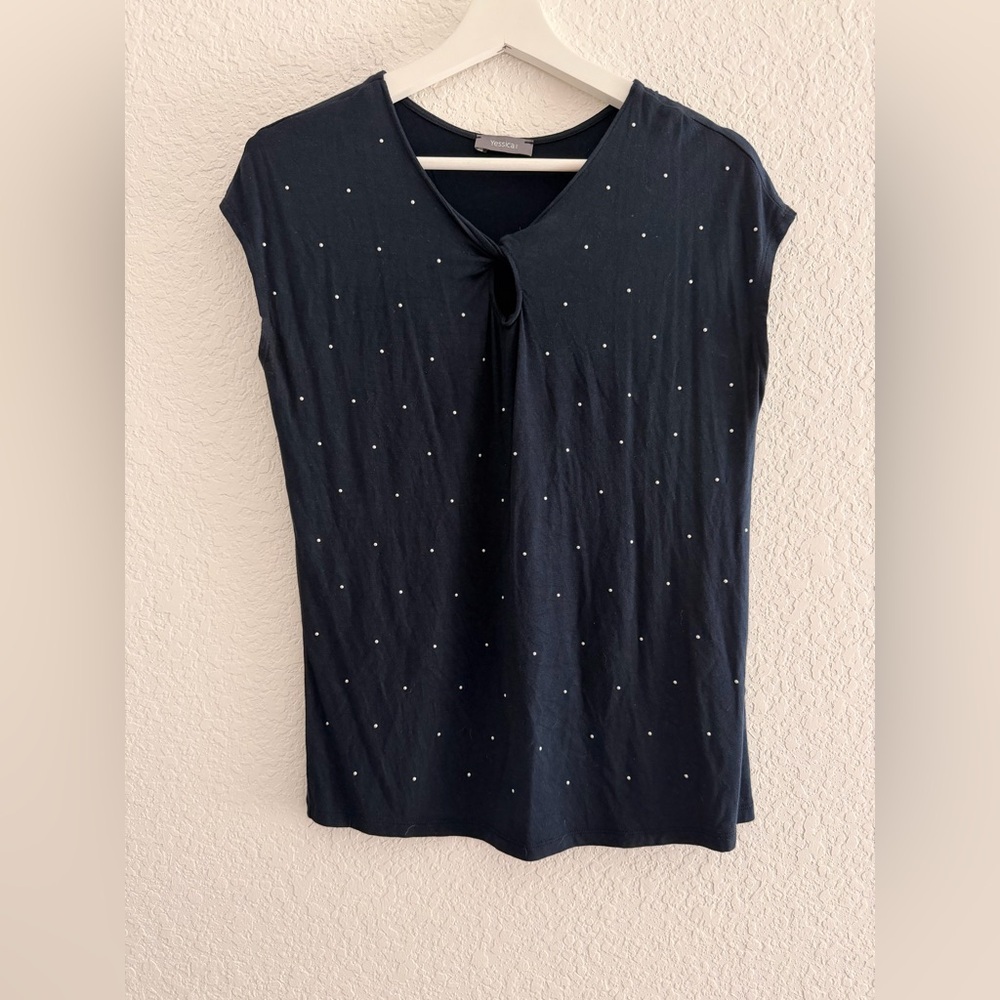 Yessica Navy Polka Dot Beaded Top | Keyhole Neck Short Sleeve Blouse